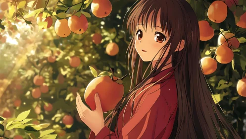 Autumn orchard anime girl holding ripe orange under warm light