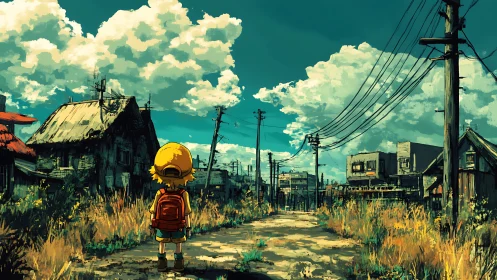 Small wanderer meets vast sky over forgotten suburb road.