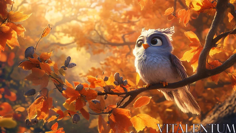 Adorable Cartoon Owl on Autumn Branch in Warm, Lively Forest Scene.