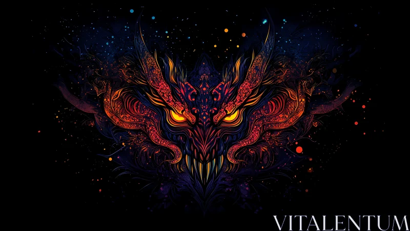 Symmetrical demonic dragon visage rendered in neon fractal linework