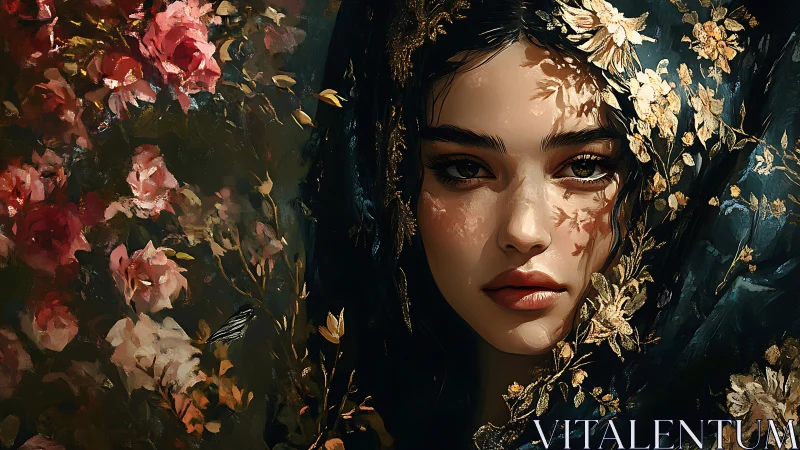 Woman in ornate floral veil beside rich painted roses.