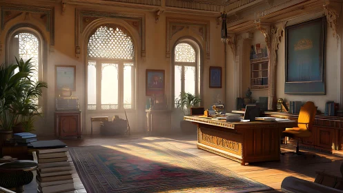 Sunlit traditional office with carved arches and desk interior.