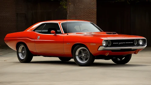 Iconic orange muscle car in pristine studio-style setting.