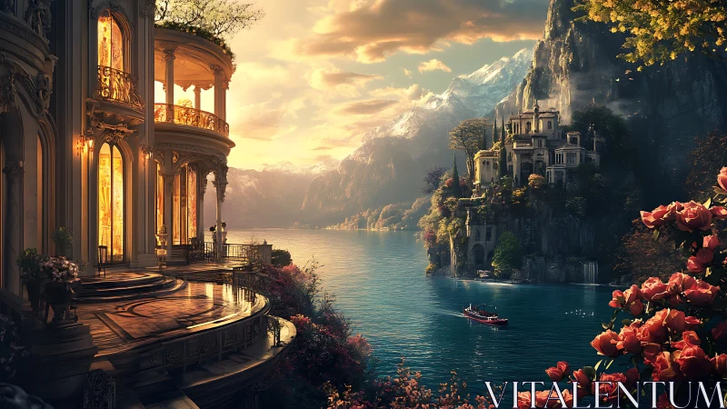 Opulent lakeside palaces glow at sunset in romantic fantasy