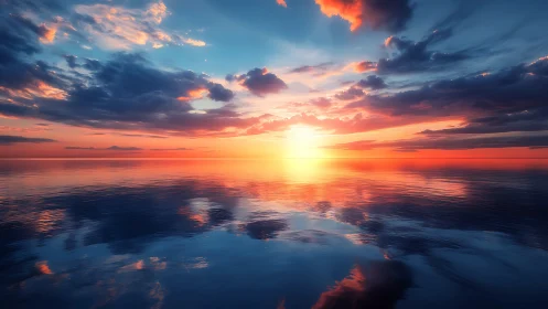 Radiant ocean horizon under blazing digital sunset glow.