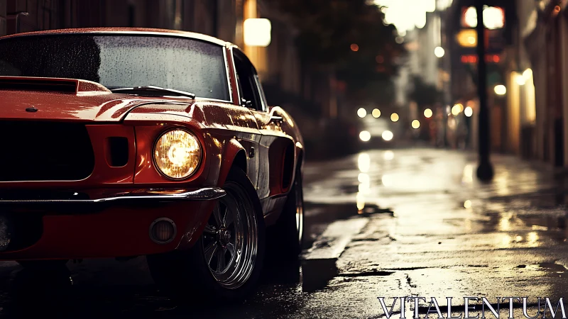 Classic red muscle car under moody rain-soaked streetlights.