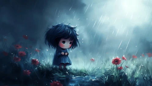 Small child character stands in rainy field with red flowers