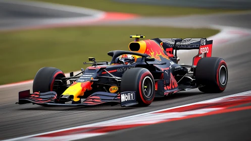 Formula 1 race car slices high-speed apex on circuit.