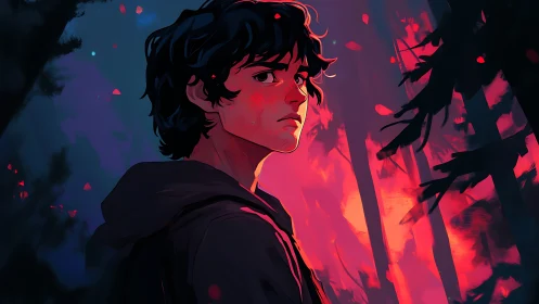 Brooding teen stands in neon-lit forest at dusk glow.