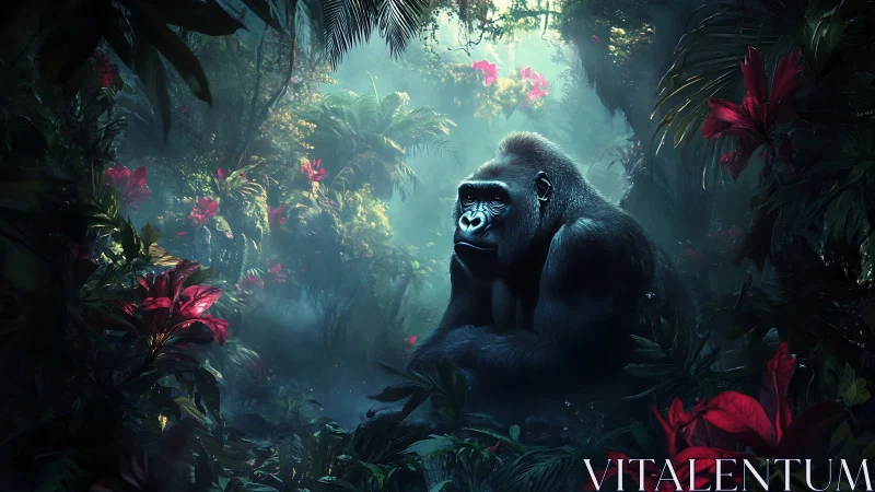 Silverback gorilla in misty bioluminescent rainforest clearing