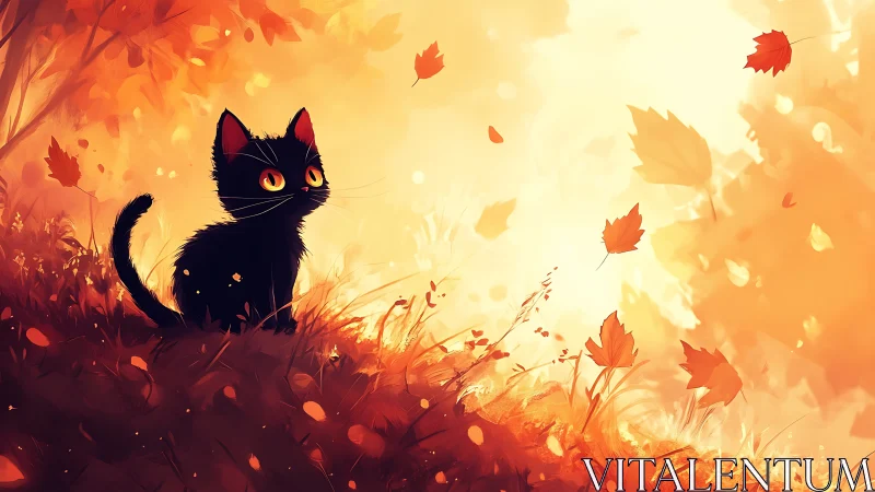 Black Cat in Autumn Field with Glowing Eyes.