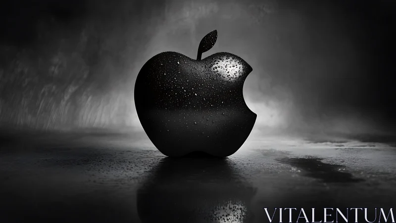 Glossy black bitten apple logo in moody wet scene.