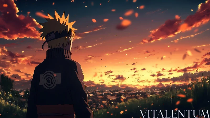 Animated figure observing illuminated town at sunset horizon.