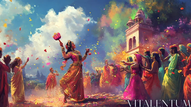 Indian festival scene with dancers and colored powder in air.