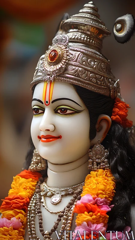 Sculpted deity figure wears ornate crown and floral garlands