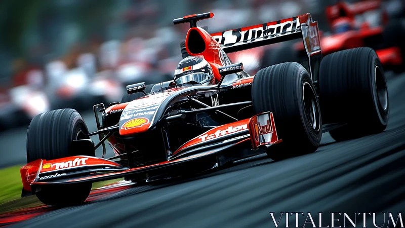 Formula race car charging through wet track at speed.