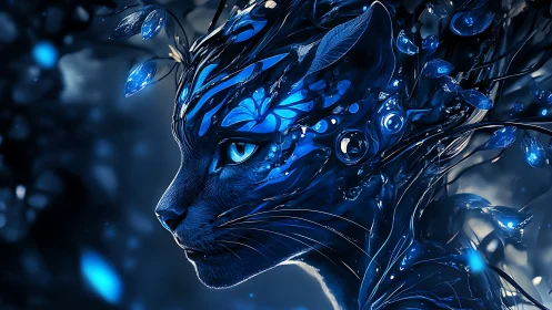 Digital feline head with blue crystalline geometric structures