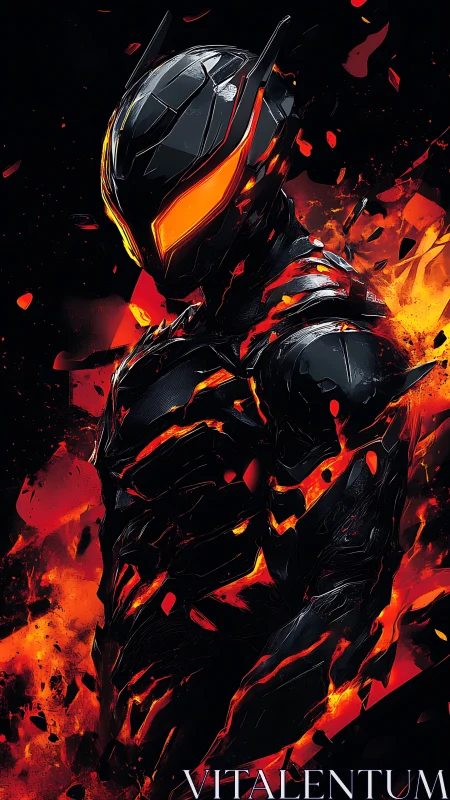 Armored humanoid figure in black suit with orange lava accents.