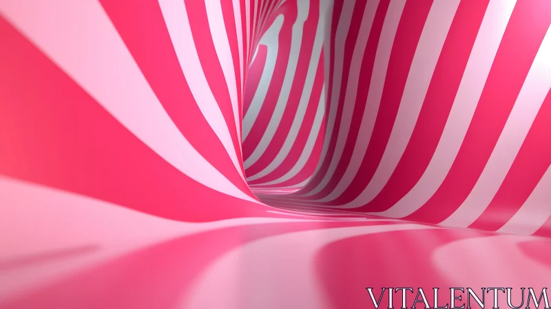 Curved Pink and White Striped Tunnel in Abstract 3D Style.