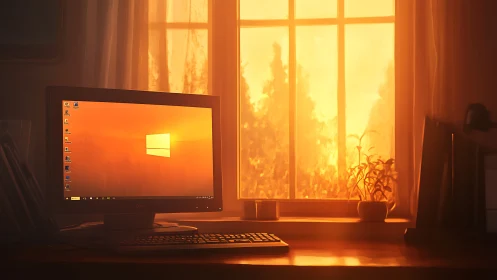 Sunlit home office computer glowing in warm evening light.