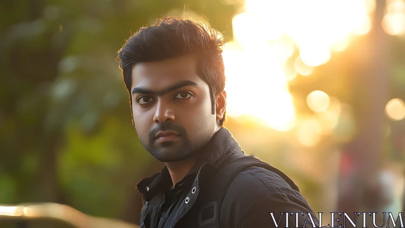 Man stands outdoors in warm backlit golden hour portrait