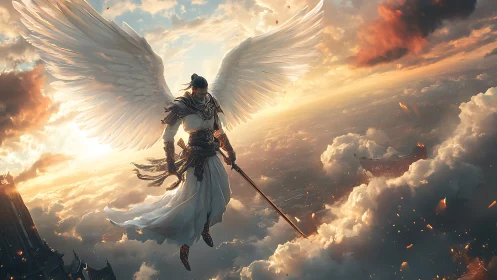 Armored winged angel warrior descends through burning clouds