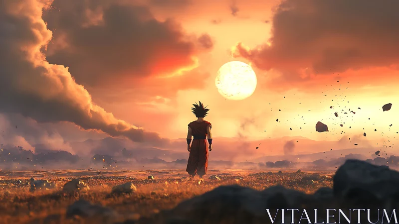 Sunset warrior strolling through a stormlit glowing horizon.