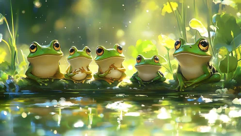 Row of stylized tree frogs sits by a reflective forest pond