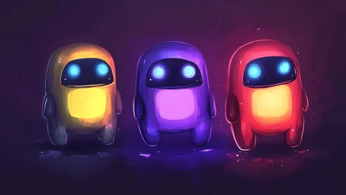 Triptych of neon robot mascots under soft rim lighting