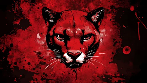 Intense Red Puma Face. Explosive Paint Splatter Art.