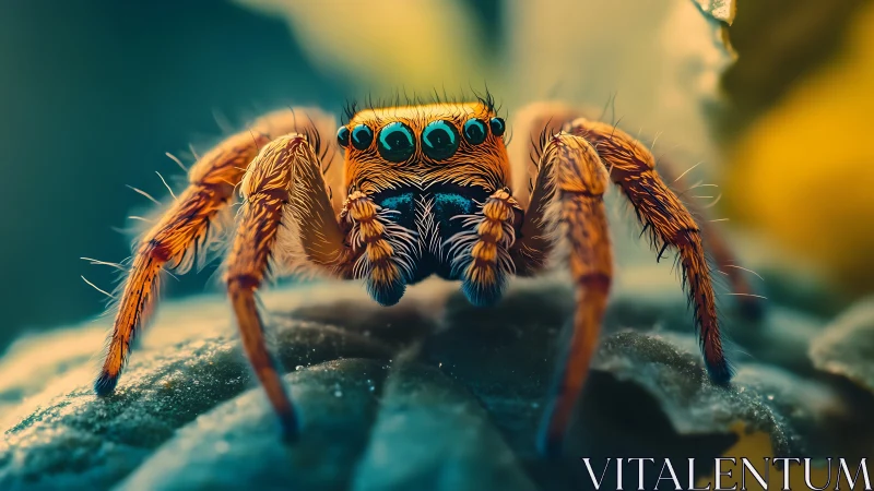 Macro study of a jumping spider on leaf with bokeh field.