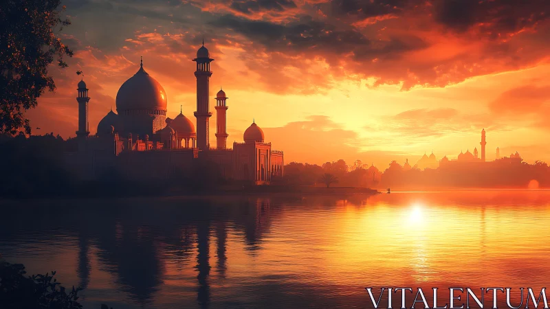 Digital painting of lakeside domed palace at ember sunset.