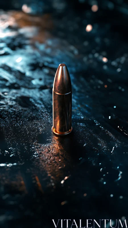 Single pistol cartridge on wet dark surface in low light.
