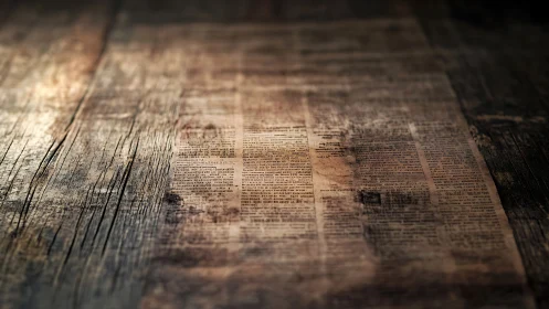 Old printed newspaper lies on worn wooden surface