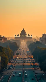 Sunlit boulevard leading to domed monumental gateway at dusk.