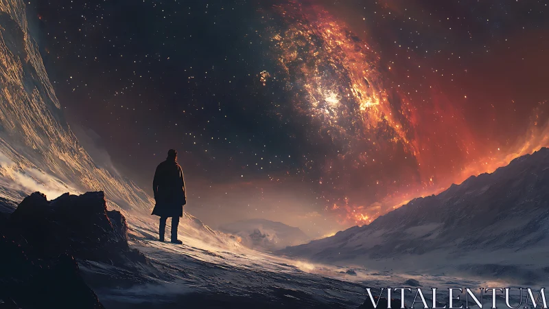 Solitary wanderer beneath a blazing cosmic aurora sky.