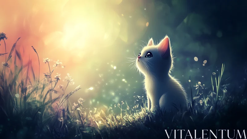 White cat in meadow with ethereal light and floating particles.