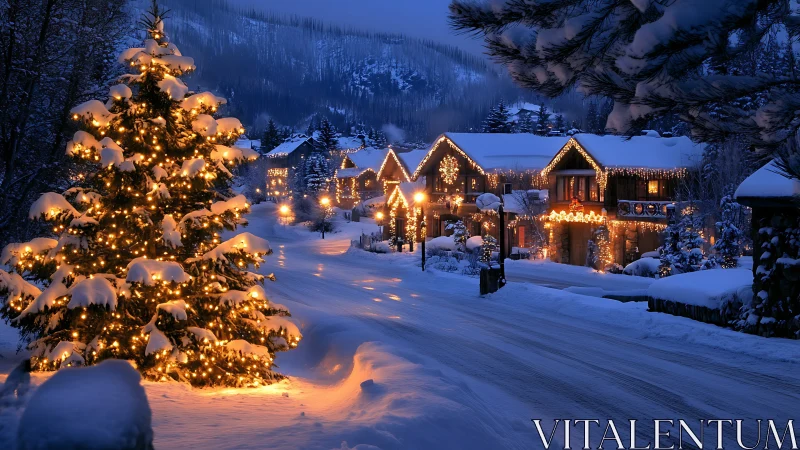 Snowy village street hums softly under golden winter lights