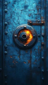 Industrial blue steel hatch with glowing circular lock core.