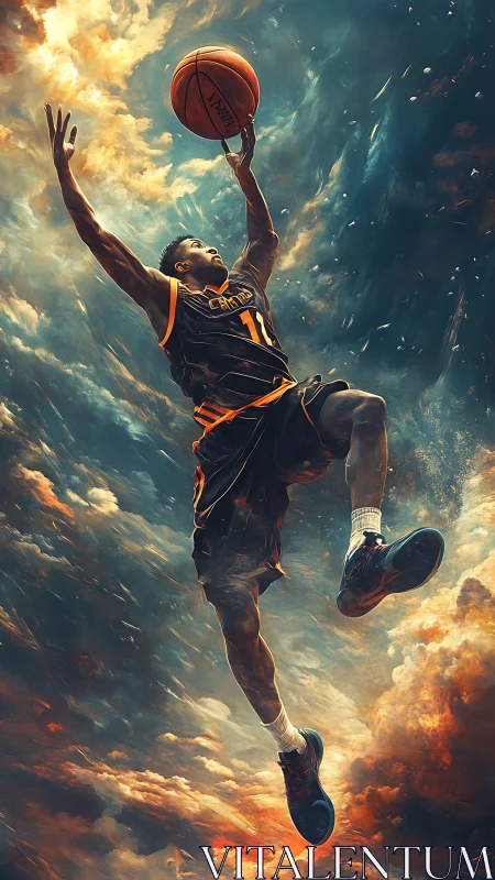 Basketball player soars through stormlit sky in mid dunk