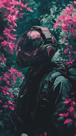 Lone astronaut stands in neon jungle of pink foliage.