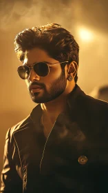 Male subject in sunglasses stands in directional warm light