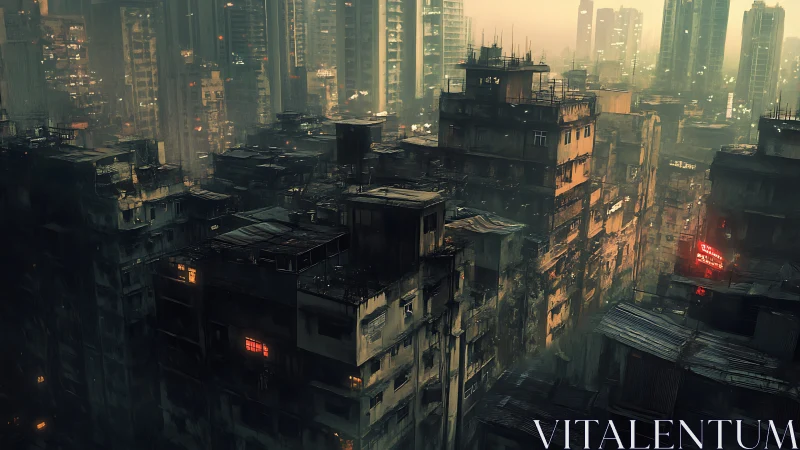 Cyberpunk slum towers under neon haze and high-rises.