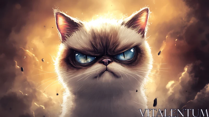Furious blue-eyed cat dominates fiery storm backdrop.