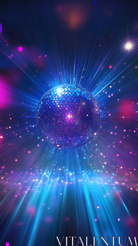 Shimmering cosmic disco sphere glows in radiant neon light