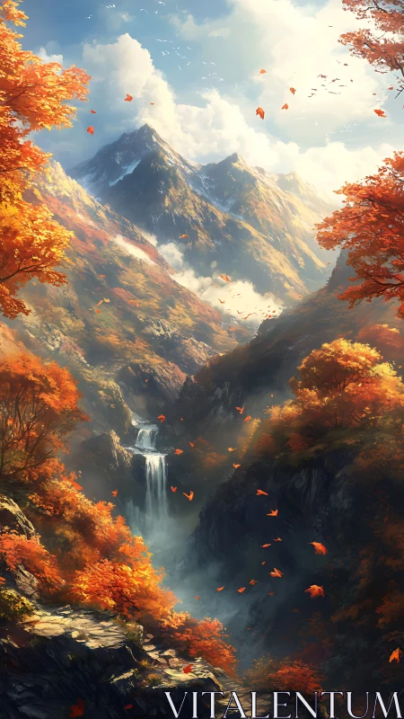 Crimson leaves whirl as mountain waterfalls carve glowing air