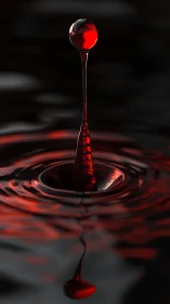 Red liquid droplet rising from dark reflective surface.