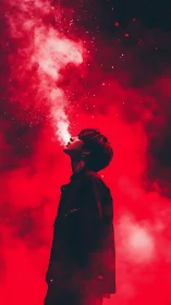 Backlit silhouette exhales luminous vapor into saturated red haze