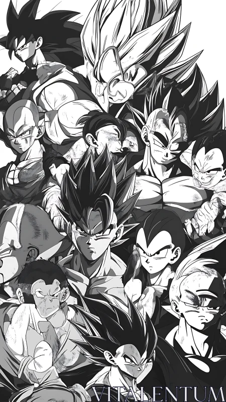 Fierce anime warriors gathered in a bold monochrome storm.