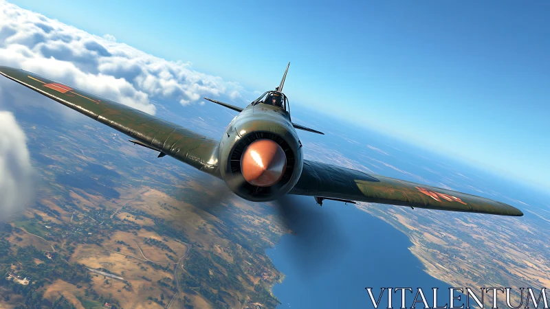 Single propeller fighter aircraft in level coastal flight